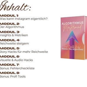May include: A product box with the title "ALGORITHMUS Mastermind" and the tagline "Fast Create Hacks! Master the Algorithm!". The box is pink and orange with a blue and purple arrow design. The image also includes a list of modules.