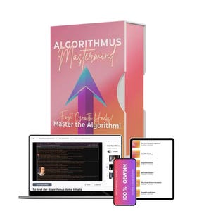 May include: A pink and red box set with the text "ALGORITHMUS Mastermind" and "Forget Growth Hacks! Master the Algorithm!". A laptop, tablet, and smartphone are in front of the box. The smartphone has the text "100% GEWINN".