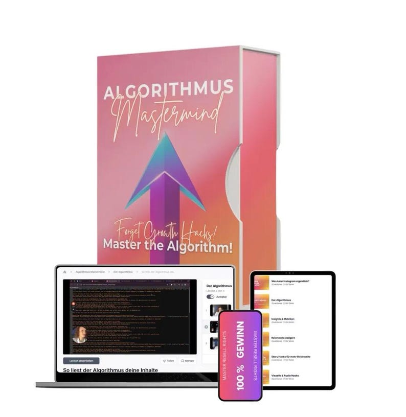 May include: A pink and red box set with the text "ALGORITHMUS Mastermind" and "Forget Growth Hacks! Master the Algorithm!". A laptop, tablet, and smartphone are in front of the box. The smartphone has the text "100% GEWINN".