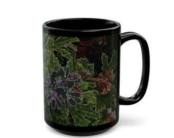 Black Ceramic Mug, Greendark With Flowers Design, 11oz 15oz Sizes, Microwave & Dishwasher Safe,