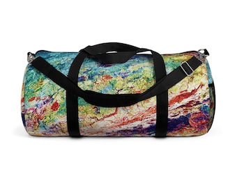 Bolsa de lona policromática con textura de corteza de árbol, estilo maximalista ecléctico y reconocible, ideal para viajes de fin de semana o como bolsa de gimnasio.