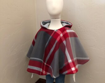 Car seat poncho, children's fleece poncho, reversible poncho, toddler cape, red and gray plaid toddler Poncho, girl poncho, boy poncho