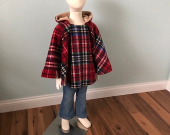 Car seat poncho, children's fleece poncho, reversible poncho, Abby plaid toddler Poncho, girl poncho, cape, hooded poncho, travel