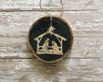 Nativity Wood Slice Ornament, Hand-Painted Christian Christmas Gift