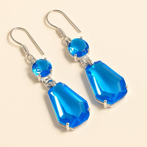 Blue Gemstone Drop Earrings, Silver Dangle Earrings, Elegant Statement Jewelry for Women, Handmade Gift"