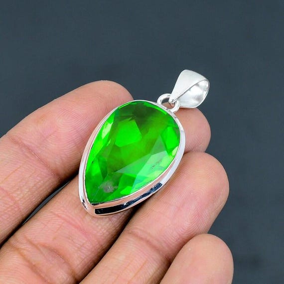 Pear Green Amethyst Pendant: Handmade 925 Sterling Silver Boho Jewelry