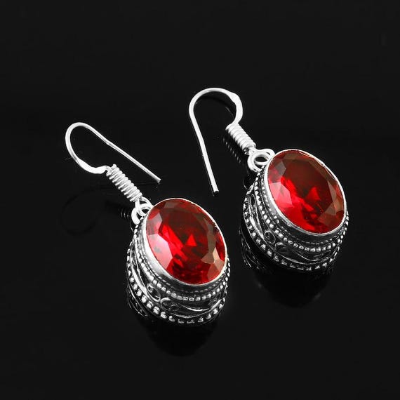 Red Garnet Sterling Silver Dangle Earrings: Boho Vintage Style