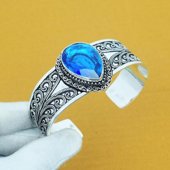 Swiss Blue Topaz Bangle, 925 Sterling Silver Cuff, Boho Jewelry