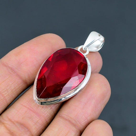 Handmade Mozambique Garnet Pendant: Pear Sterling Silver Boho Jewelry