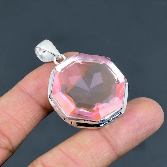Handmade Sterling Silver Pink Kunzite Octagon Pendant - Boho Gemstone Jewelry
