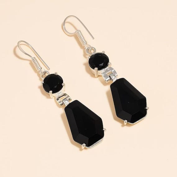 Black Onyx Crystal Dangle Earrings • Silver Drop Statement Jewelry • Boho Chic Gemstone Earrings • Handmade Bridal Gift for Women"