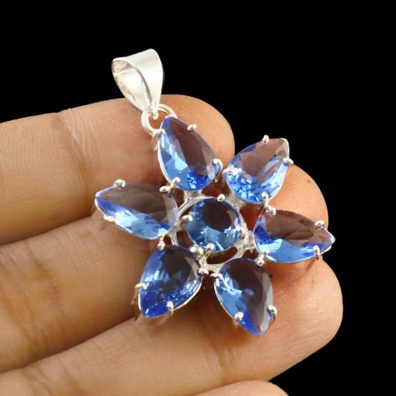 Lab-Created Tanzanite Flower Pendant: Handmade 925 Sterling Silver