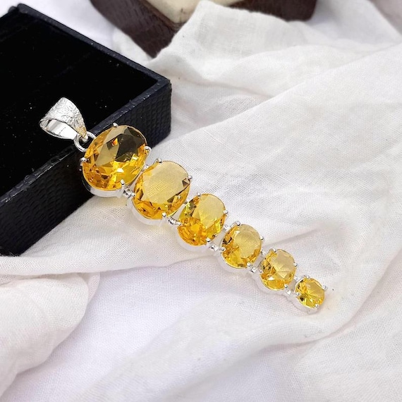 Citrine Gemstone Pendant: Handmade 925 Sterling Silver, 6 Oval Stones
