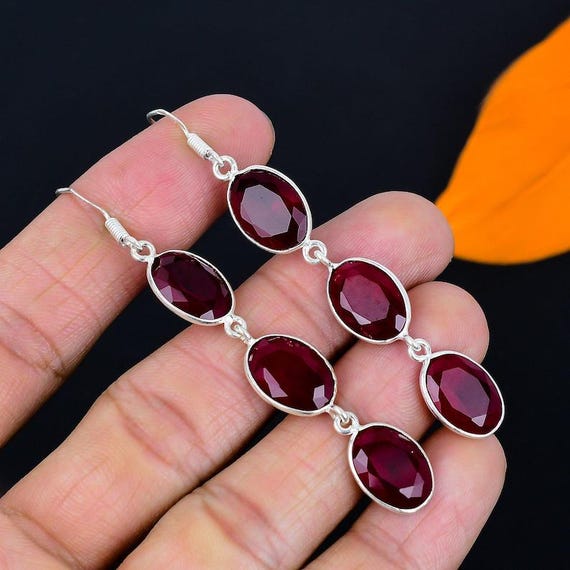 Lab Ruby 925 Sterling Silver Drop Earrings: Faceted Red Gemstone