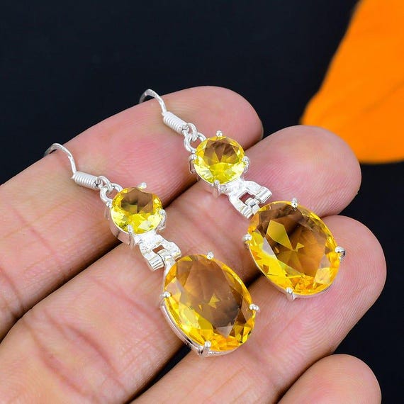 Citrine Earrings: 925 Sterling Silver, Faceted Lab-Created Gemstone