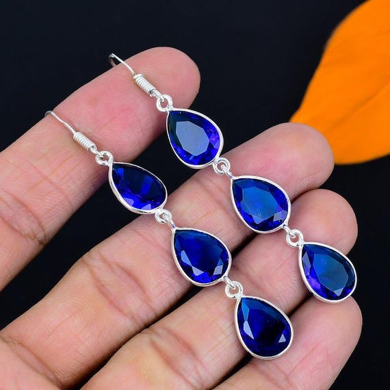 Blue Topaz Earrings: Sterling Silver Faceted Drop, Boho Hippie Style