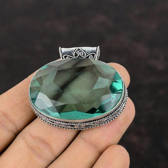 Faceted Green Amethyst Pendant: Sterling Silver Boho Statement Jewelry
