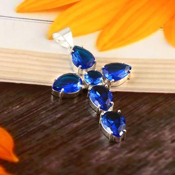 Handmade London Topaz Cross Pendant: 925 Sterling Silver Boho Jewelry