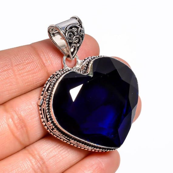 Handmade 925 Sterling Silver Blue Titanic Heart Pendant: Boho Statement Necklace