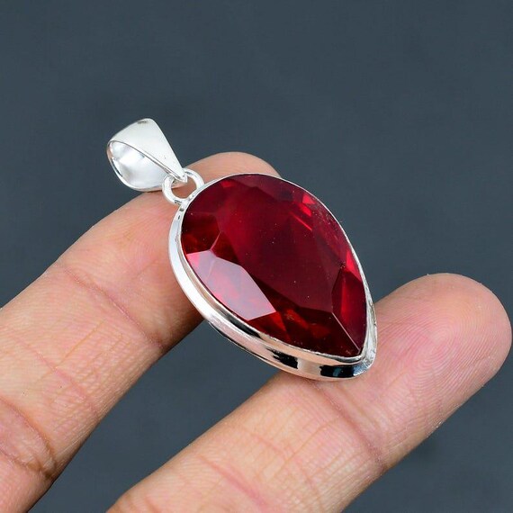 thumbnail interactive-video image 1 of Handmade Mozambique Garnet Gemstone Pendant - Silver Plated, 1.70 Inches, Red Charm 1 of 2
