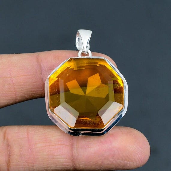 Citrine Octagon Pendant, Sterling Silver Boho Jewelry