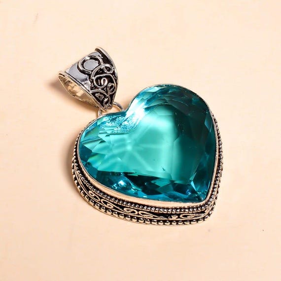 Heart Blue Topaz Pendant: Handmade Sterling Silver Boho Necklace