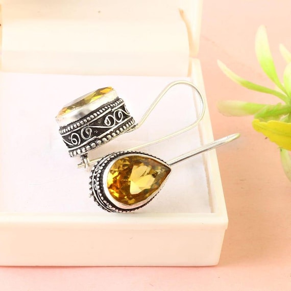 Sterling Silver Teardrop Citrine Quartz Dangle Earrings