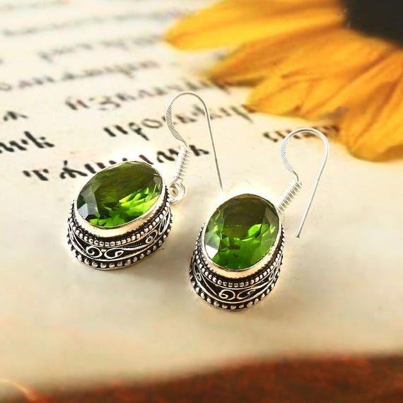 Peridot Quartz Sterling Silver Dangle Earrings: Vintage Boho Style