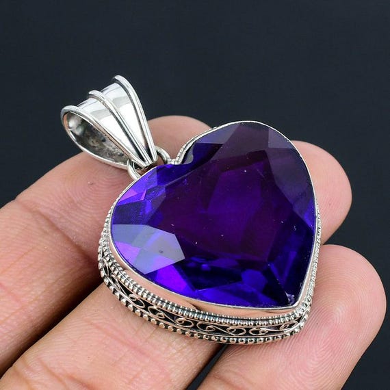 Heart Amethyst Pendant: Antique Sterling Silver Boho Jewelry