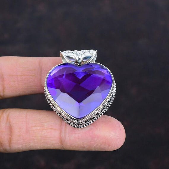 Handmade African Amethyst Heart Pendant: 925 Sterling Silver Boho Jewelry