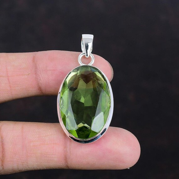 Faceted Green Amethyst Pendant: Handmade 925 Sterling Silver Boho Jewelry
