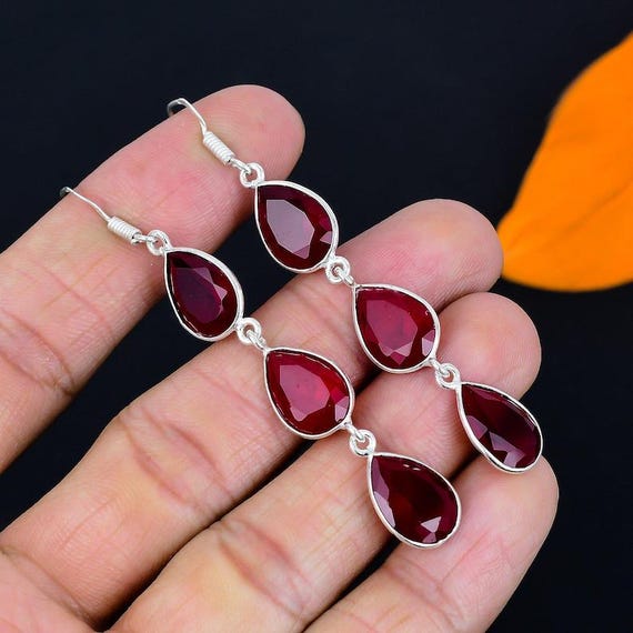 Handmade Lab Ruby Sterling Silver Drop Earrings: Boho Jewelry