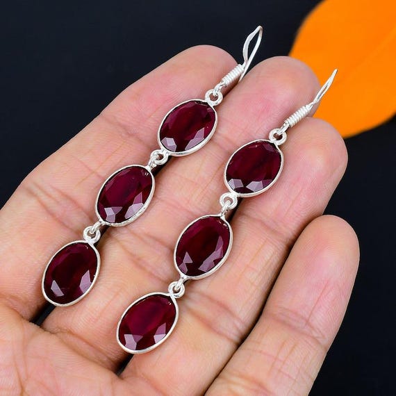 Lab Ruby 925 Sterling Silver Drop Earrings: Faceted Red Gemstone
