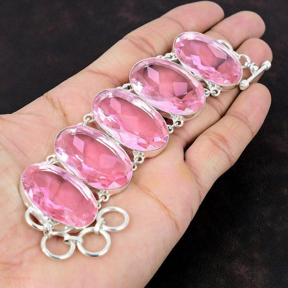 Handmade Pink Kunzite Bracelet, 925 Sterling Silver, Adjustable Gemstone Jewelry