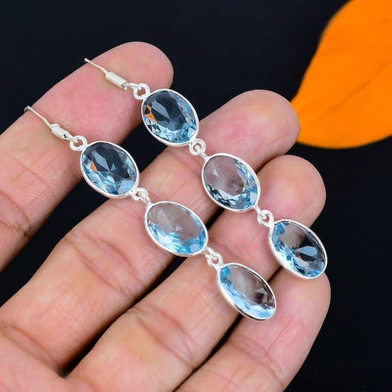 Swiss Blue Topaz Earrings: 925 Sterling Silver Dangle Drops