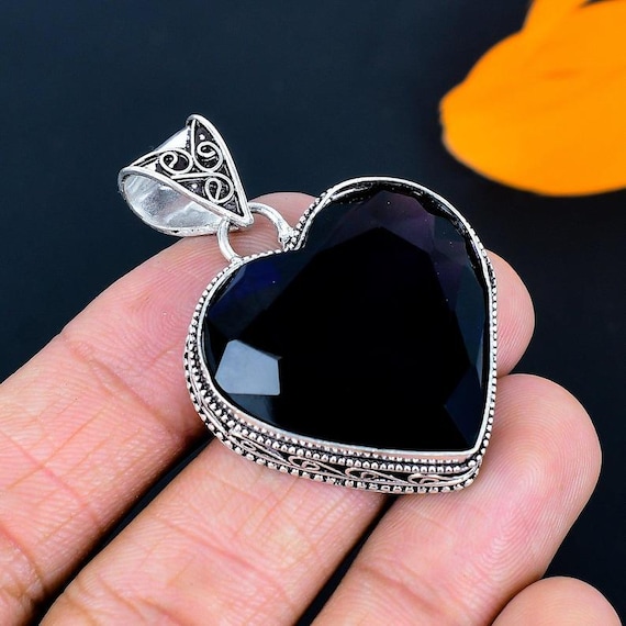 Handmade Black Spinel Heart Pendant: 925 Sterling Silver Boho Jewelry