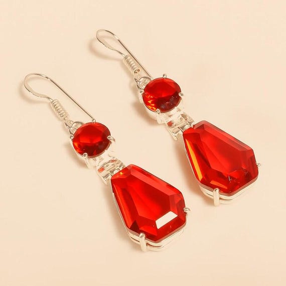 Red Gemstone Drop Earrings, Silver Dangle Earrings, Elegant Statement Jewelry for Women, Handmade Gift"