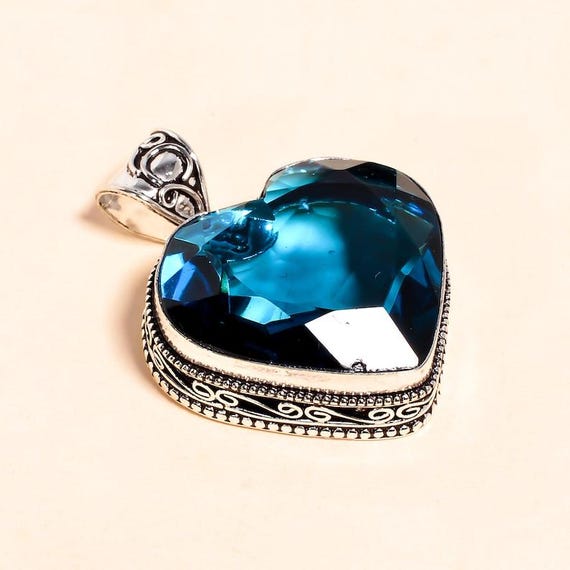 Handmade Sterling Silver Blue Topaz Heart Pendant Necklace - Boho Statement Jewelry