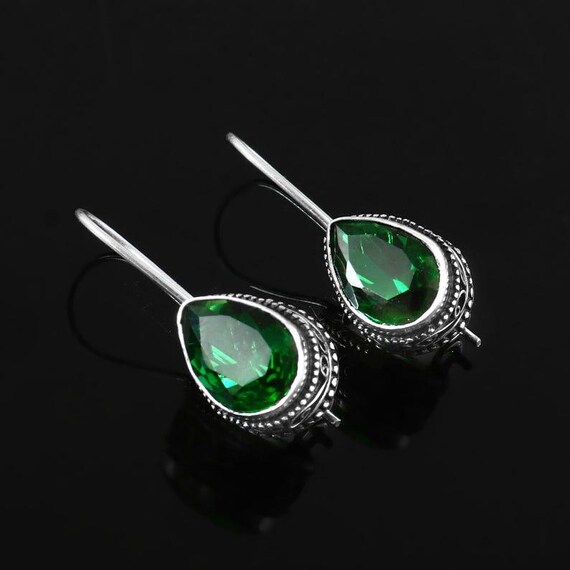 Emerald Quartz Dangle Earrings: 925 Sterling Silver, Minimalist Handmade Jewelry