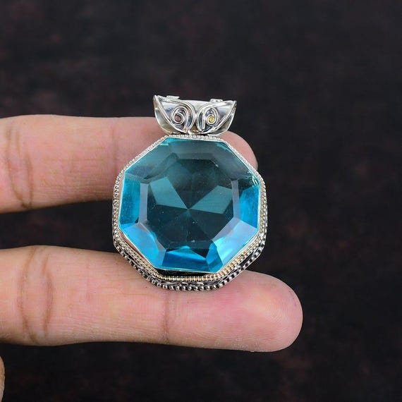 Handmade Swiss Blue Topaz Pendant: Sterling Silver Boho Jewelry