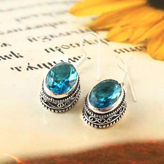 Swiss Blue Quartz Sterling Silver Dangle Earrings: Minimalist Jewelry