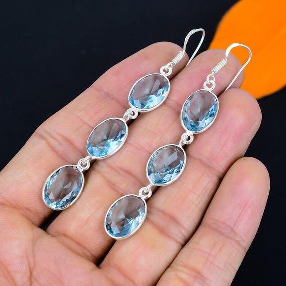Swiss Blue Topaz Earrings: 925 Sterling Silver Dangle Drops