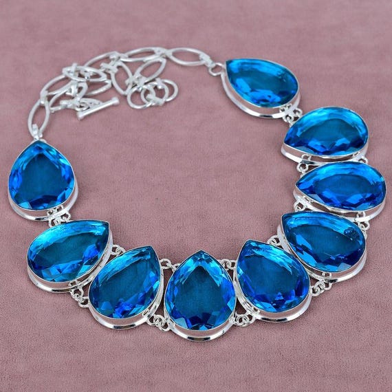 Pear Swiss Blue Topaz Necklace: .925 Sterling Silver Adjustable Chain