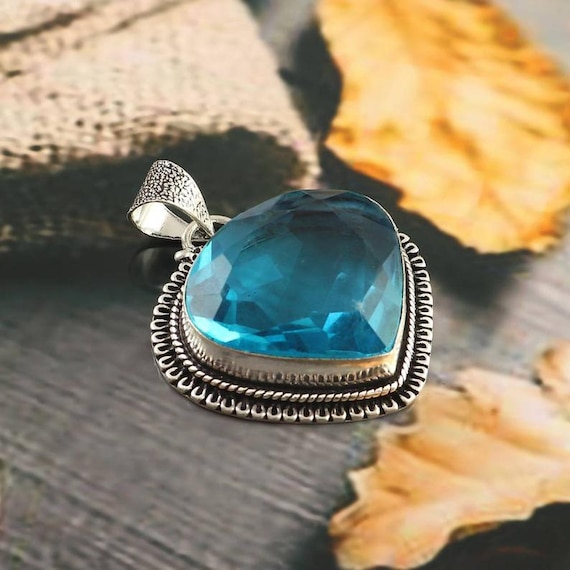Handmade Swiss Blue Topaz 925 Sterling Silver Pendant - Boho Jewelry