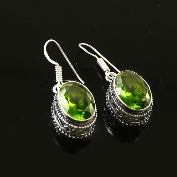 Sterling Silver Peridot Dangle Earrings: Vintage Quartz Jewelry