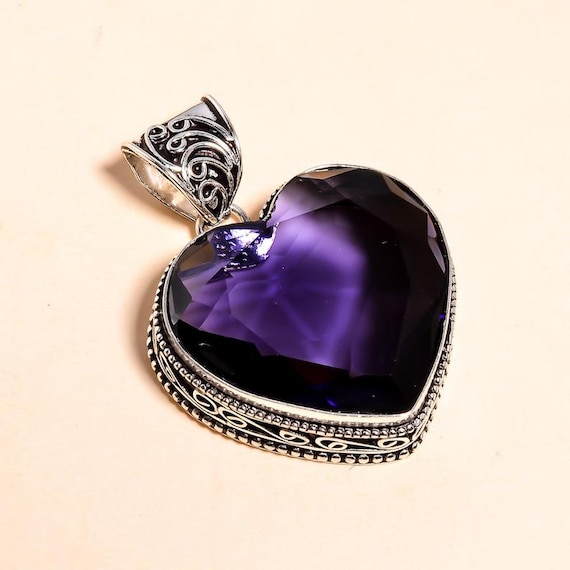 Handmade Sterling Silver Heart Amethyst Pendant: Boho Gemstone Necklace