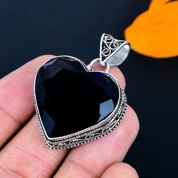 Handmade Black Spinel Heart Pendant: 925 Sterling Silver Boho Jewelry
