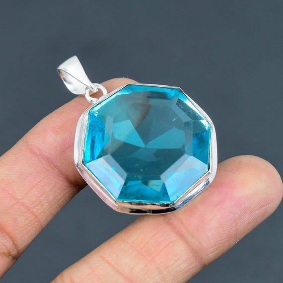 Handmade Swiss Blue Topaz Octagon Pendant: Sterling Silver Boho Jewelry