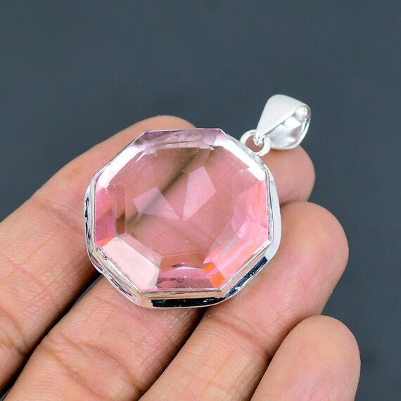 Handmade Pink Kunzite Octagon Pendant, 925 Sterling Silver Boho Jewelry