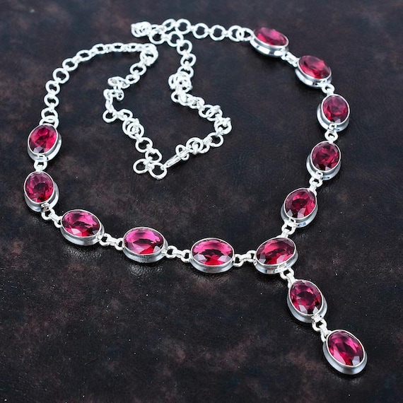 Dainty Rubellite Necklace: Oval Gemstone, 925 Sterling Silver, Adjustable